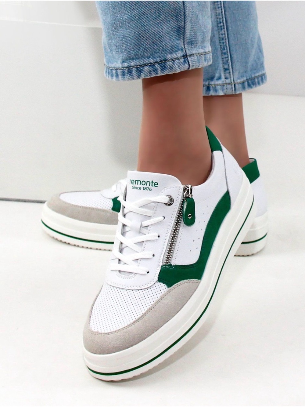 Remonte D1C00 Julika White, Green & Gray Platform Lace-Up Sneaker with Side Zip